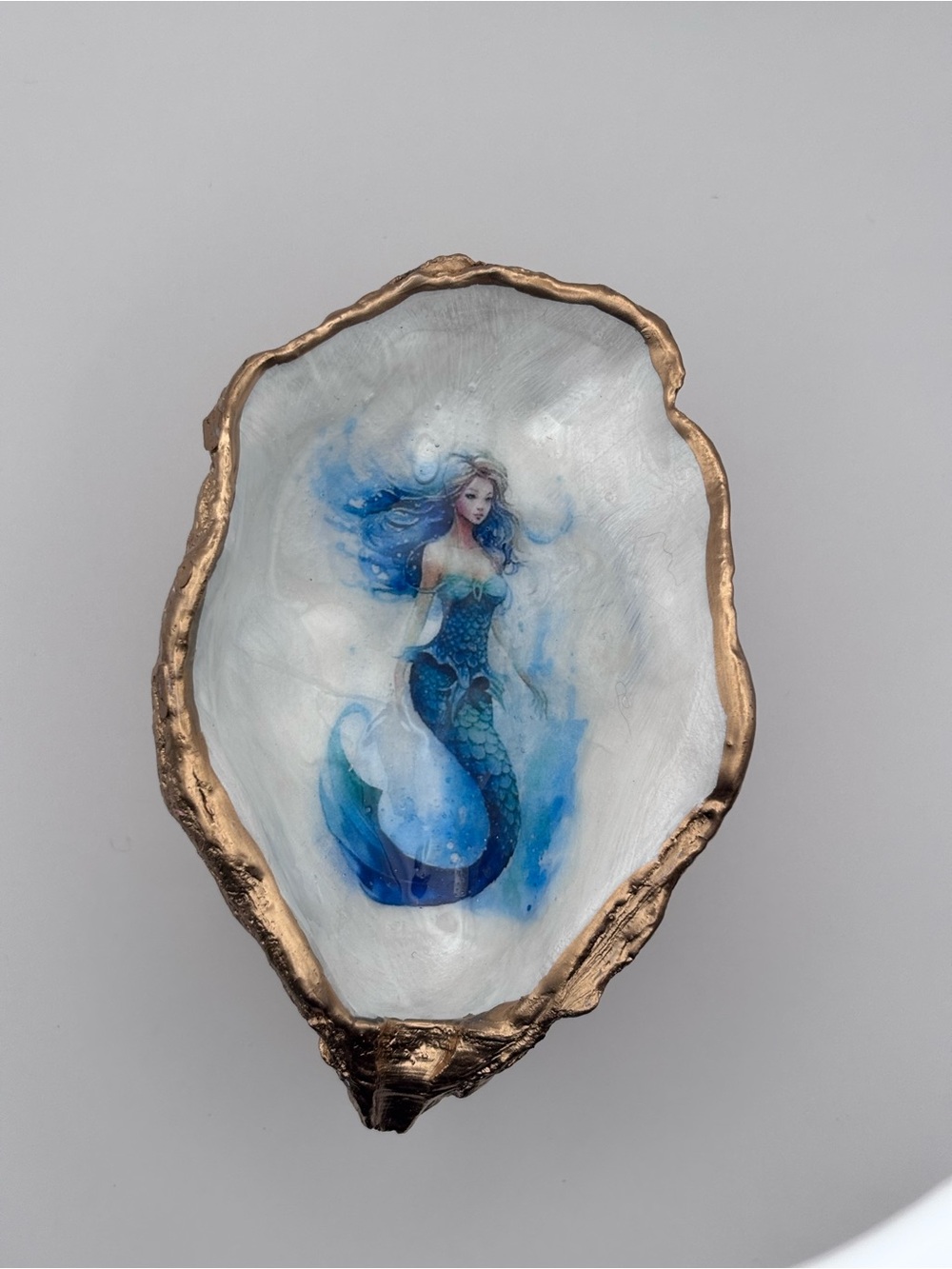 Mermaid Oyster Shell Trinket Dish - Blue and Gold - Picture 6 of 6